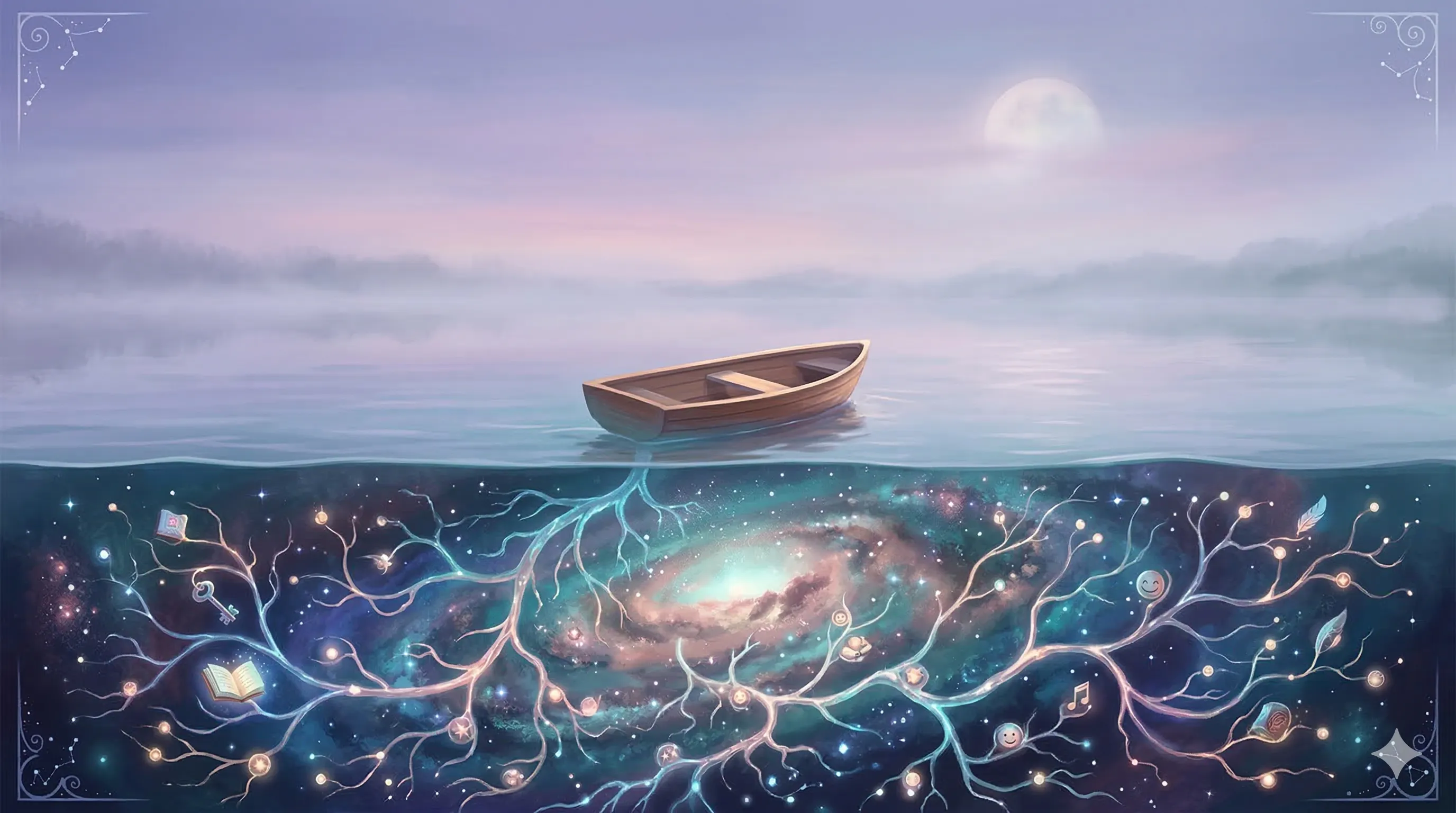 Ilustracja przedstawiająca łódkę na spokojnym jeziorze z kosmicznym światem pod wodą — metafora głębi psychologii